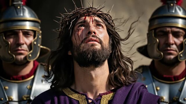 Caucasian man Jesus with crown of thorns and blood looking up as Roman soldiers stand by, religious devotion and Easter concept.