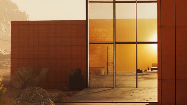 Sleek modern desert dwelling with expansive glass windows reflecting a golden sky, minimalist design and arid rocky surroundings evoking solitude, futurism, and exploration