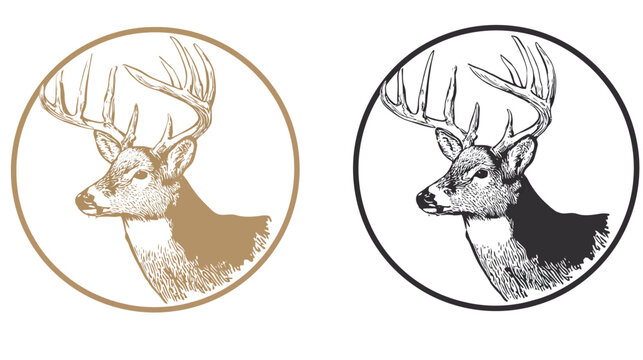 Two stylized buck illustrations in circles, one in brown, the other in black and white, facing left