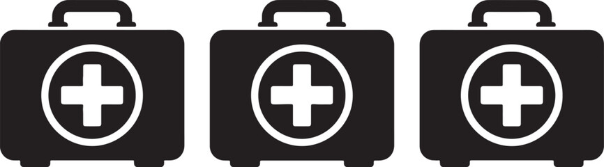 Obraz premium Three black first aid kits with white medical cross symbols in a row also transparent background medical kit