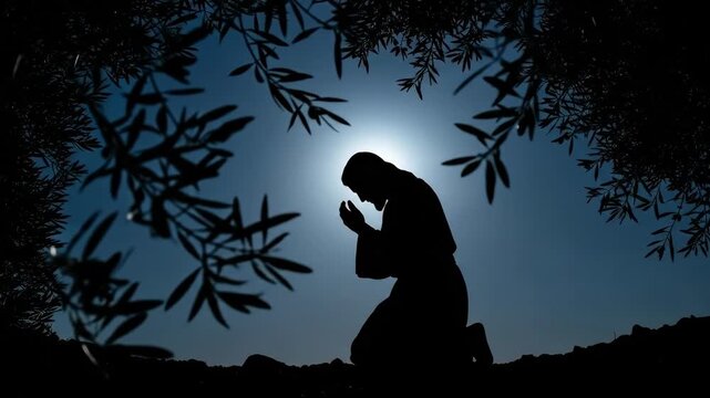 Man in silhouette kneeling and praying under a dark sky behind olive branches. Religious concept representing devotion and contemplation.