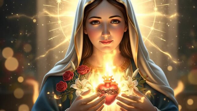 Woman holding sacred heart of mary with intense glow, serene eyes, and peaceful expression in a religious digital painting.