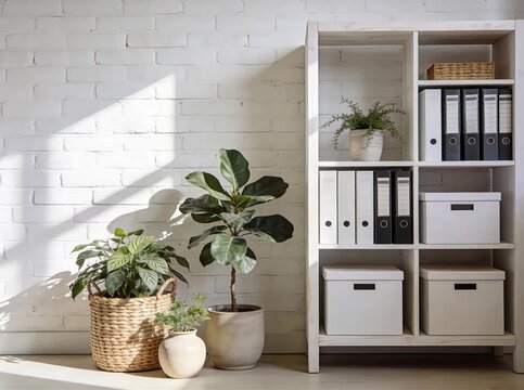 Advertising video inspired by the image a serene minimalist office corner with lush potted plants beside a white shelving unit against a sunlit white brick wall