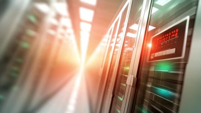 Server Room of the Future: An immersive perspective of a server room, showcasing advanced technology and data processing capabilities, the luminous ambiance of modern data center infrastructure.