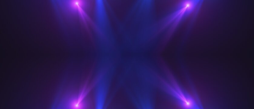 Abstract purple and blue glowing lights with beams radiating from four corners creating a vibrant dynamic visual effect on dark background.
