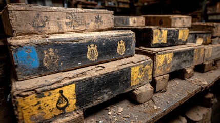 Stack of weathered wooden crates with vintage markings in a rustic storage setting