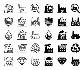Fototapeta premium Industrial manufacturing icon set featuring hybrid symbols of factory buildings merged with green energy leaves gears solar panels and data cloud graphics