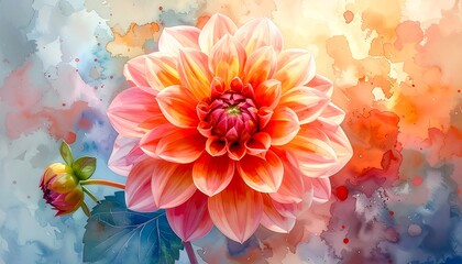 Vibrant Dahlia Watercolor Painting with Soft, Dreamy Background.