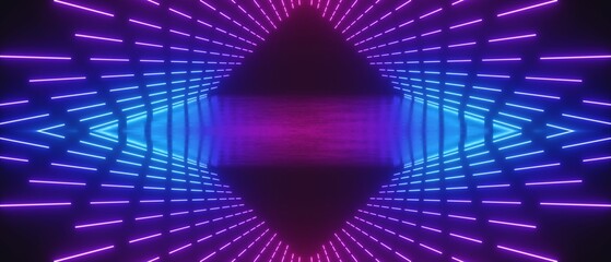 Futuristic neon light tunnel with vibrant purple and blue glowing lines creating a mesmerizing symmetrical pattern in a dark environment.