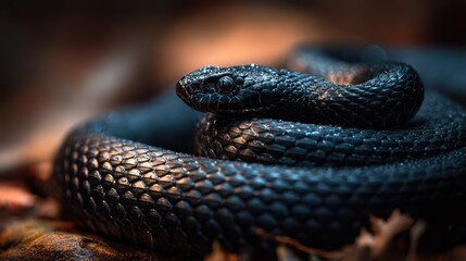 Wildlife portrait of a dark snake highlighting eye detail and smooth skin