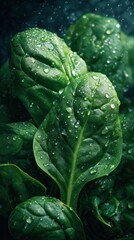 Fototapeta premium Fresh Spinach Leaves with Water Droplets – Macro Close-Up