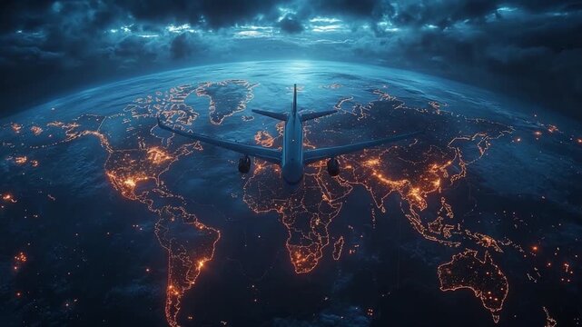 Global Journey: A lone airplane soars above a vibrant illuminated planet, navigating through the night, signifying travel and global connectivity.