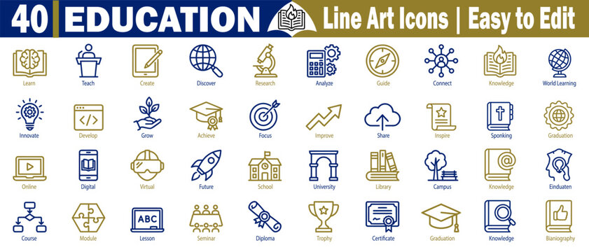 Education line art icons. Easy to edit Symbols. Representing teaching, learning, research discovery, analysis connection knowledge world learning innovation digital virtual future vector illustration.