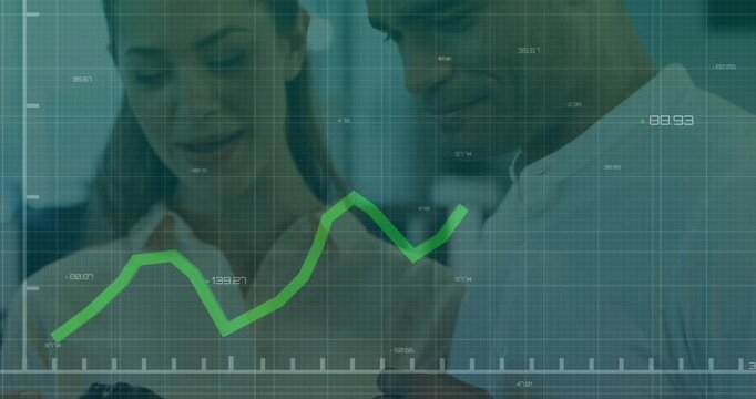 Animation of graph, changing numbers over diverse coworkers going through pictures on camera screen