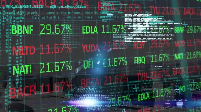 Animation of trading board, computer language and binary codes over empty room of office