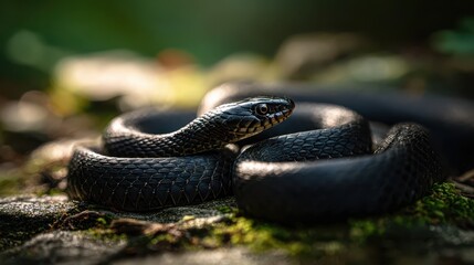 Obraz premium Glossy black snake in golden hour light with textured scales and calm expression