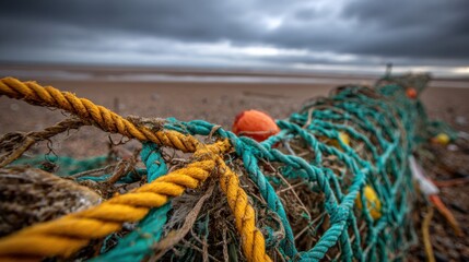 Tangled fishing nets filled with debris on a stormy beach, highlighting marine pollution and environmental damage
