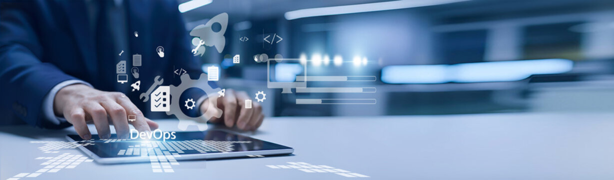 IT engineer holding deployment dashboard. DevOps integrates development and operations to automate workflows and deliver software faster and reliably.