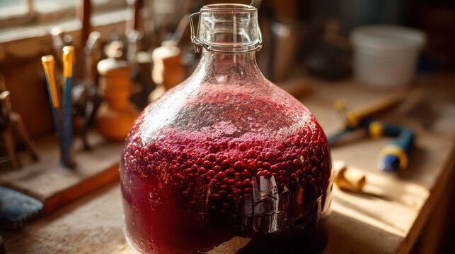 Bubbling must in a home winemaking setup showing fermentation in progress