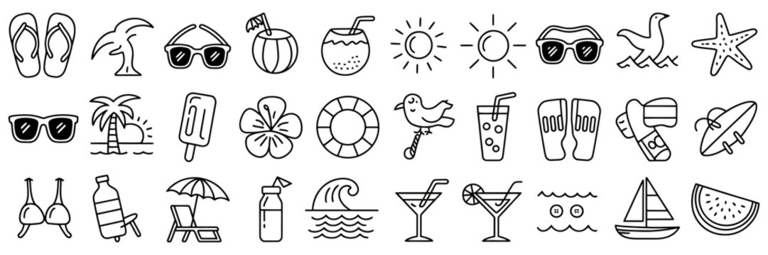 hand drawn summer symbols doodle set, holiday vacation beach sun sea icons collection for travel and leisure illustration, tropical fun elements, seasonal summer design isolated on white background.