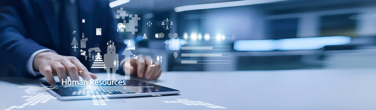 HR manager holding employee dashboard. Human Resources manage recruitment, performance, payroll, and workforce development within organizations.