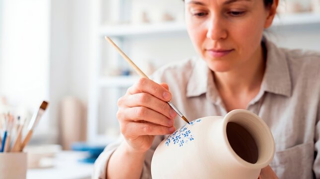 Woman artist painting floral pattern on ceramic vase. Female potter decorating handmade clay pot in studio. Arts and crafts concept