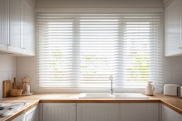Fototapeta premium Minimalist kitchen under white window blinds with daylight flooding the space