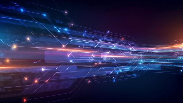 Futuristic technology abstract data network speed connection digital light motion background with neon streaks blue purple light neon lines and glowing digital energy flow