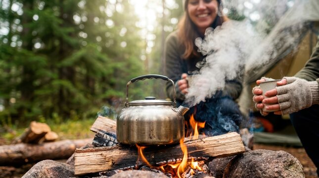 Steaming kettle on a campfire in the forest. People sitting by a tent and drinking hot beverages. Outdoor camping and hiking lifestyle. Boiling water on open fire
