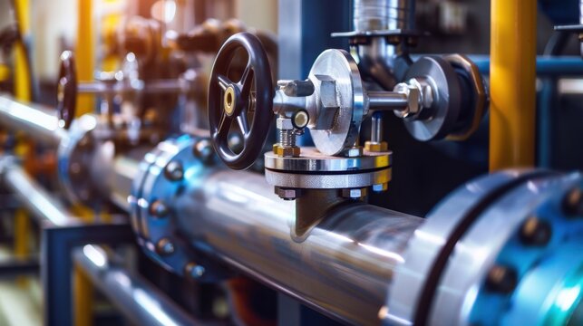 Close-up of industrial piping with valves and fittings. The scene showcases metallic pipes, valves, and machinery in a factory setting.