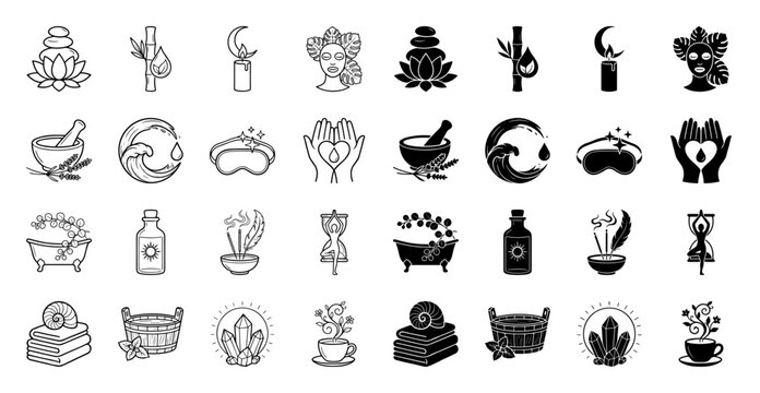Wellness and holistic spa icon set featuring hybrid conceptual symbols for meditation massage aromatherapy and spiritual healing in outline and solid styles