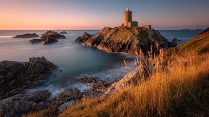 Serene Seascape: Lighthouse Silhouette, Waves, and Soft Sunrise