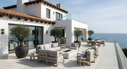 White Mediterranean hotel terrace in a Santorini village featuring traditional architecture under a summer sky with palm trees and a view of the white walls of a Greek villa