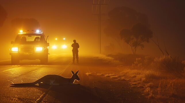 A kangaroo lies on a foggy road while a person stands nearby. Two vehicles with lights are visible in the background, creating a dramatic atmosphere.
