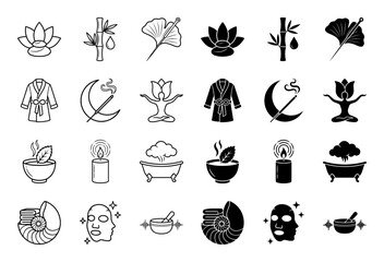 Fototapeta premium Wellness and holistic spa icons featuring hybrid symbols of lotus stone bamboo drop and zen meditation figures in outline and solid styles