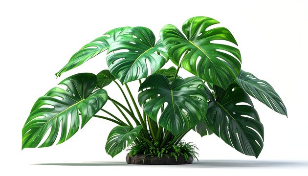 Lush Monstera Deliciosa Plant with Split Leaves on White.