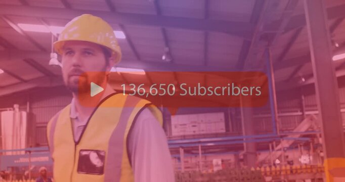 Factory worker in safety vest and helmet with subscriber count animation over scene