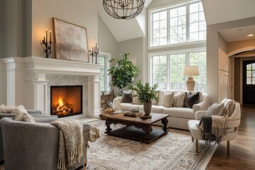 Naklejka premium Classic styled living room with towering ceilings, roaring fireplace, and elegant decor in a premium home