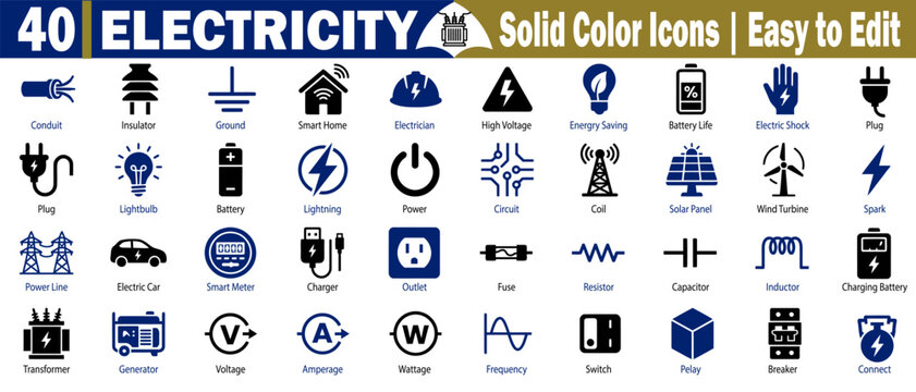 Electricity and electrical engineering vector icon set. Featuring high voltage signs, circuits, lightbulbs, power plugs, batteries, lightning bolts, smart sensors vector illustration.