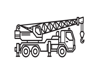 A black and white line drawing of a mobile truck crane with a boom and hook © MdRana