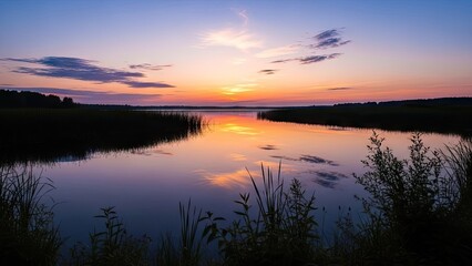 A serene lake at sunset with calm water and vibrant sky