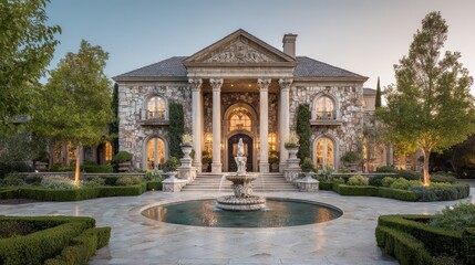 Obraz premium Grand luxury mansion exterior at golden hour with tall columns, marble steps, and manicured gardens
