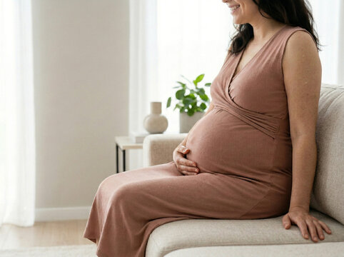 Faceless smiling pregnant woman in elegant dress sitting on sofa holding belly