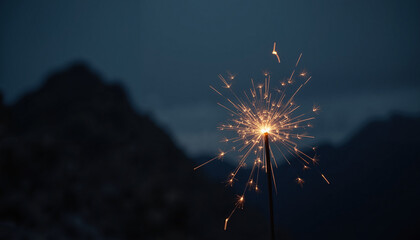 Sparkler glowing against dark mountains in evening sky, creating magical atmosphere. Sparkler brings joy and celebration, illuminating surroundings with warm light.