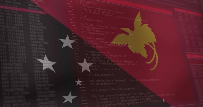 Papua New Guinea flag appearing, waving and overlaying scrolling code to represent tech integration