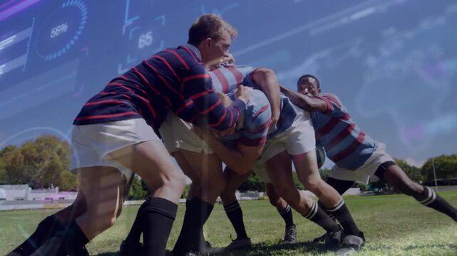 Rugby forwards forming scrum as feed driving pack scrum-half securing ball with metrics overlay