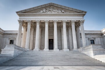 Fototapeta premium Ionic marble columns frame a grand neoclassical memorial in calm daylight