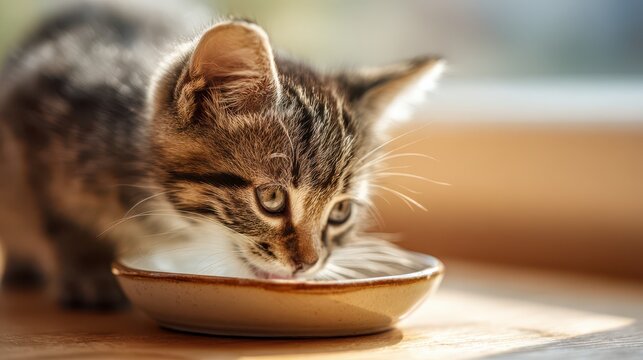 Sweet domestic moment: kitten dining from a ceramic bowl in natural light