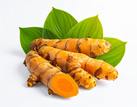 Fresh turmeric roots with leaves isolated on transparent background for healthy cooking and spice