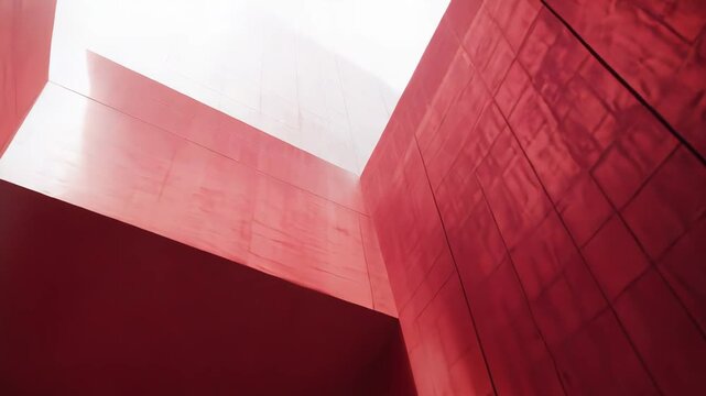 Abstract architecture features vibrant red angular structures and textured surfaces. Forming intersecting planes and sharp lines under dramatic lighting. Conveying a feeling of modern design and depth